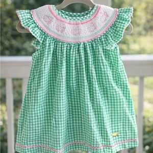 Masters Green Gingham Smocked Dress with Pink Accents